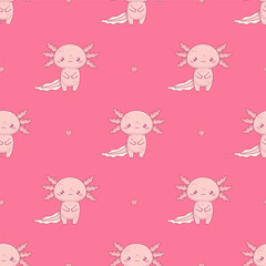 Obraz premium Seamless pattern Romantic cute Axolotl on pink background with heart. Funny Little cartoon kawaii character. Vector illustration. Kids collection