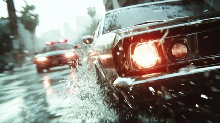 A thrilling high-speed car chase unfolds on wet, rain-slicked city streets, capturing action and intensity with a dynamic blur and police pursuit in pursuit.