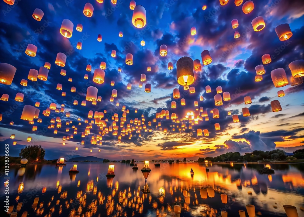 Poster surreal scene of sky lanterns floating in a twilight sky, illuminating the dusk with warm hues and d