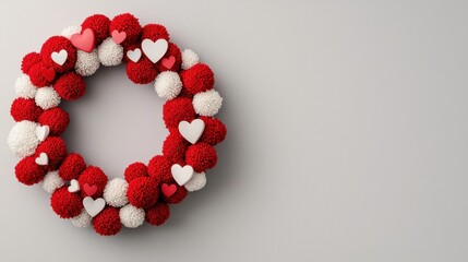 Obraz premium Valentine wreath Decorative heart-themed in red and white on a light background.