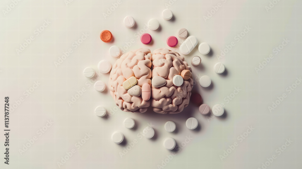 Poster assorted pills arranged to form brain shape on light background, symbolizing health and wellness. vi