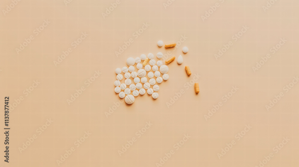 Poster assorted pills arranged in various shapes on light background, showcasing variety of colors and size