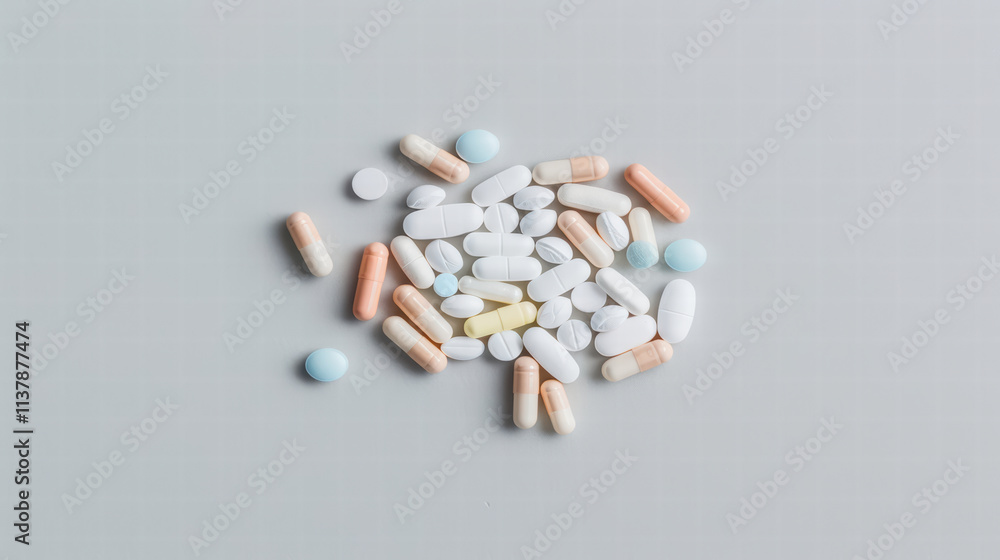 Poster assorted pills and capsules in various colors and shapes scattered on light background, representing