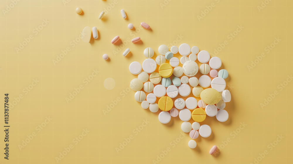 Poster assorted pills arranged in creative pattern on yellow background, showcasing various shapes and colo