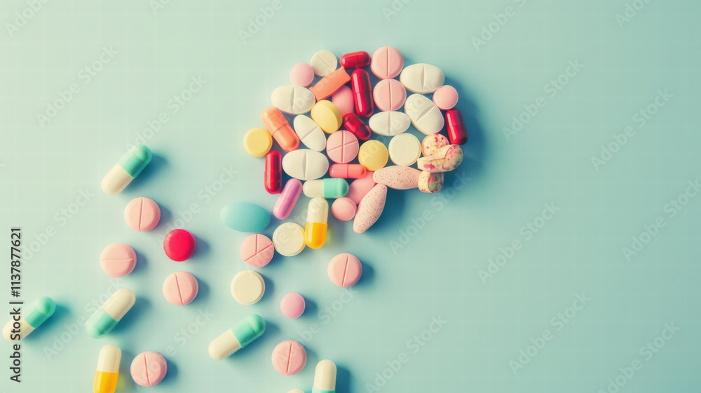 Poster assorted pills arranged to form brain shape on light background, symbolizing health and wellness. vi