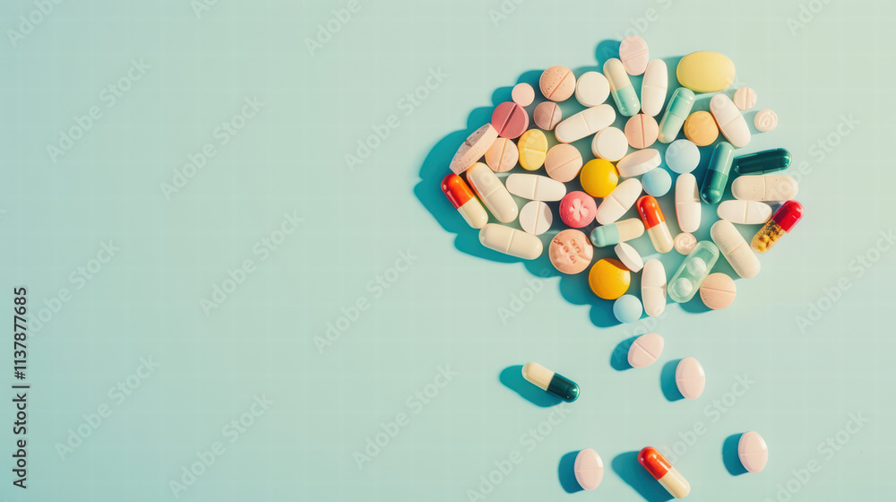 Poster assorted pills arranged to form brain shape on light background, symbolizing health and wellness. vi