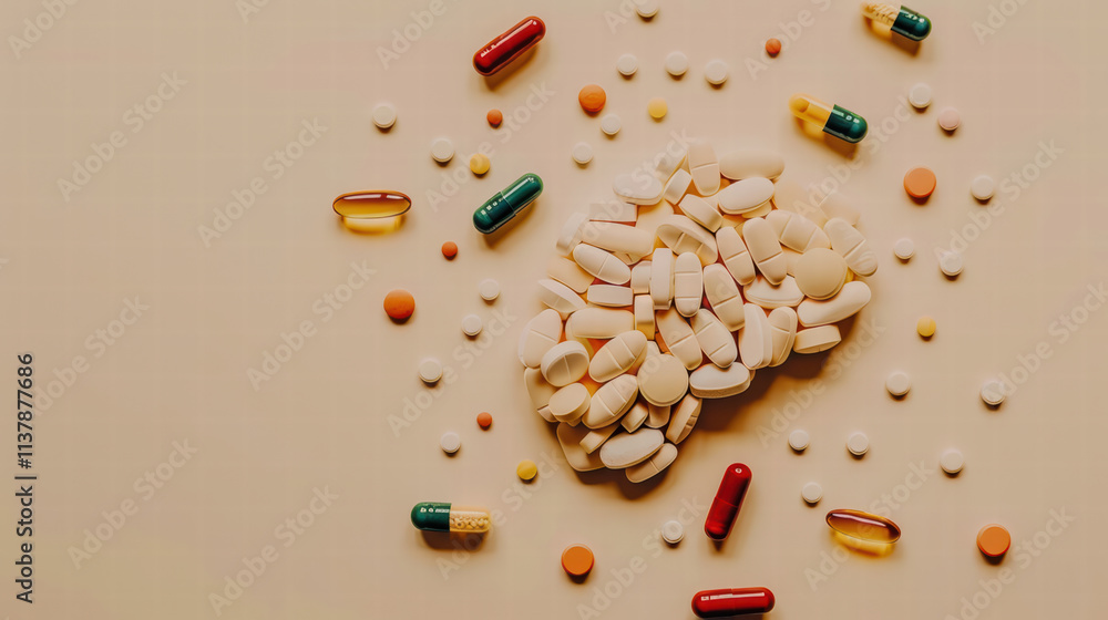 Poster assorted pills arranged to form brain shape on light background, symbolizing health and wellness. vi