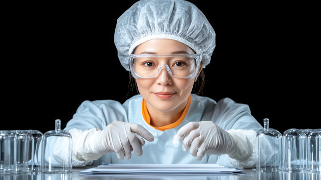 Healthcare innovation concept, A scientist in protective gear examines laboratory equipment with a focused expression, ready for research or analysis.