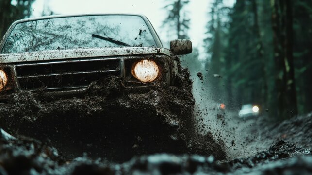 A vehicle pushes through deep mud with fierce determination, the forest creating a dense, green backdrop, symbolizing challenge and perseverance against nature.