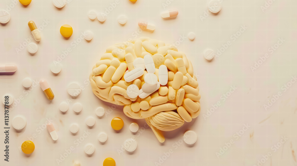 Poster assorted pills arranged to form brain shape on light background, symbolizing health and wellness. vi
