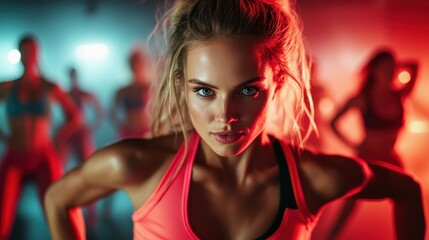 Naklejka premium A fit woman, illuminated by colorful lights, strikes a fierce pose during an intense exercise session in a lively fitness studio, embodying strength and focus.
