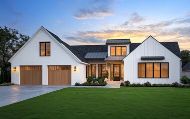 Obraz premium A high-resolution, photorealistic 3D render of a modern home with white walls, wooden cladding, and large windows, accompanied by a garage door. 