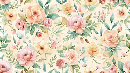 Elegant Watercolor Floral Pattern Featuring Delicate Roses and Blooms on a Soft Background