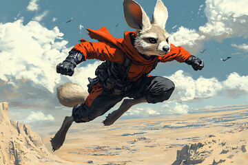 A powerful cartoon kangaroo superhero in a red and black suit, leaping through the air with strong, muscular legs. The backdrop shows an open Australian desert, symbolizing agility and immense jumping