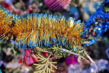 Happy New Year.Christmas tree decorations and toys for fir trees covered with snow and ice. Close-up. Merry Christmas.2024.