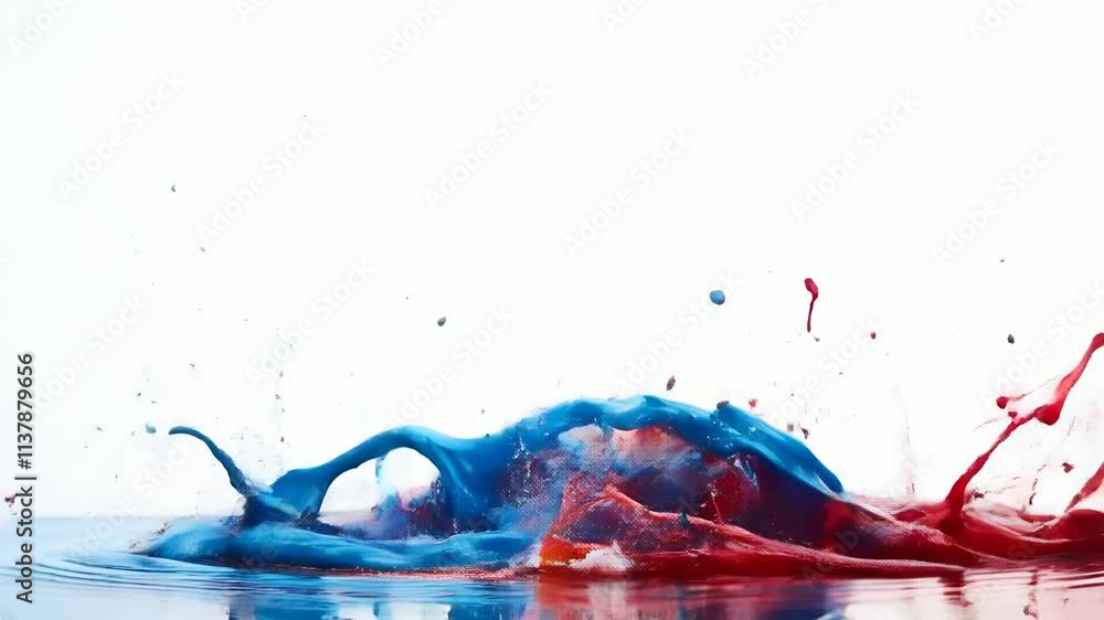 Poster dynamic red and blue paint splash collision in slow motion creating artistic fluid explosion with hi