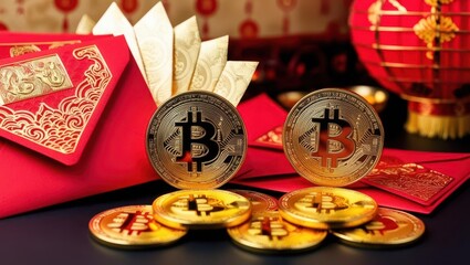 Golden Bitcoin coins surrounded by red envelopes and decorative elements, symbolizing wealth and prosperity. , Chinese New Year Festival