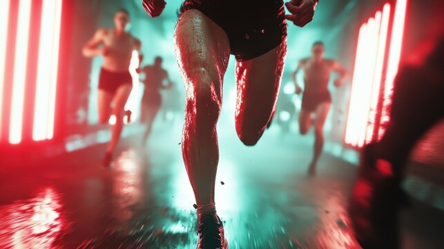 Runners push through an intense endurance race under intense neon lighting, emphasizing the struggle, determination, and perseverance in a high-stakes environment.