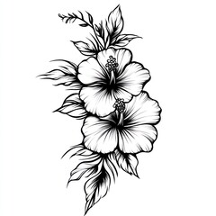 Two hibiscus flowers with leaves, line art.