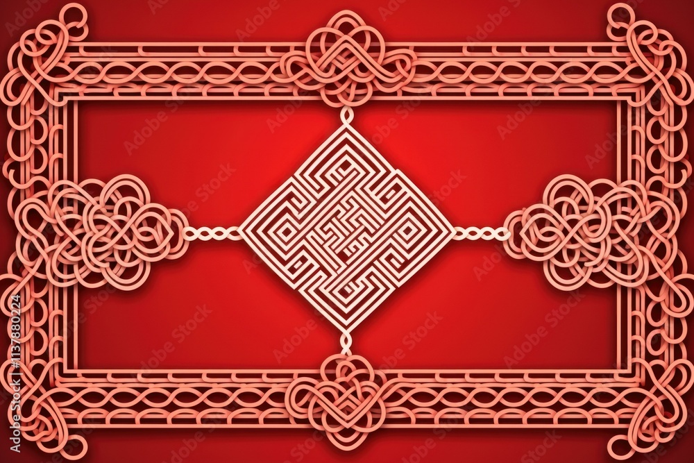 Poster complex knotted frame surrounds a geometric maze like pattern, creating an intriguing visual on a vi