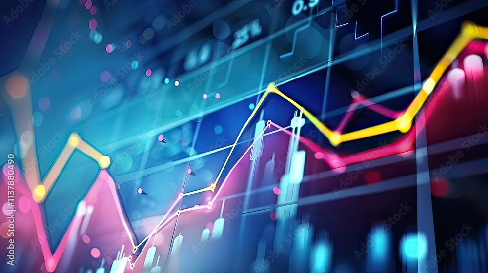 Poster a modern line graph with colorful curves on a digital background.