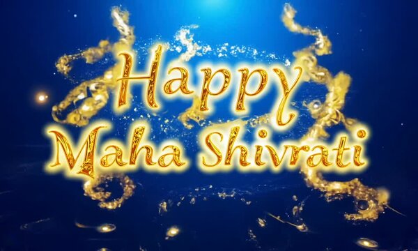 Happy maha shivratri text with glowing golden letters on a vibrant blue background celebrating the festival