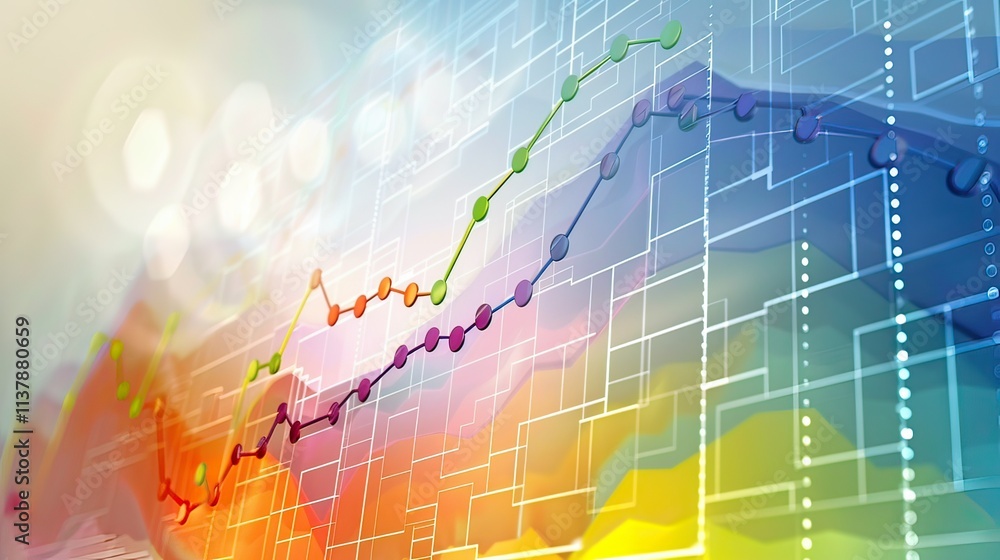 Poster a modern line graph with colorful curves on a digital background.