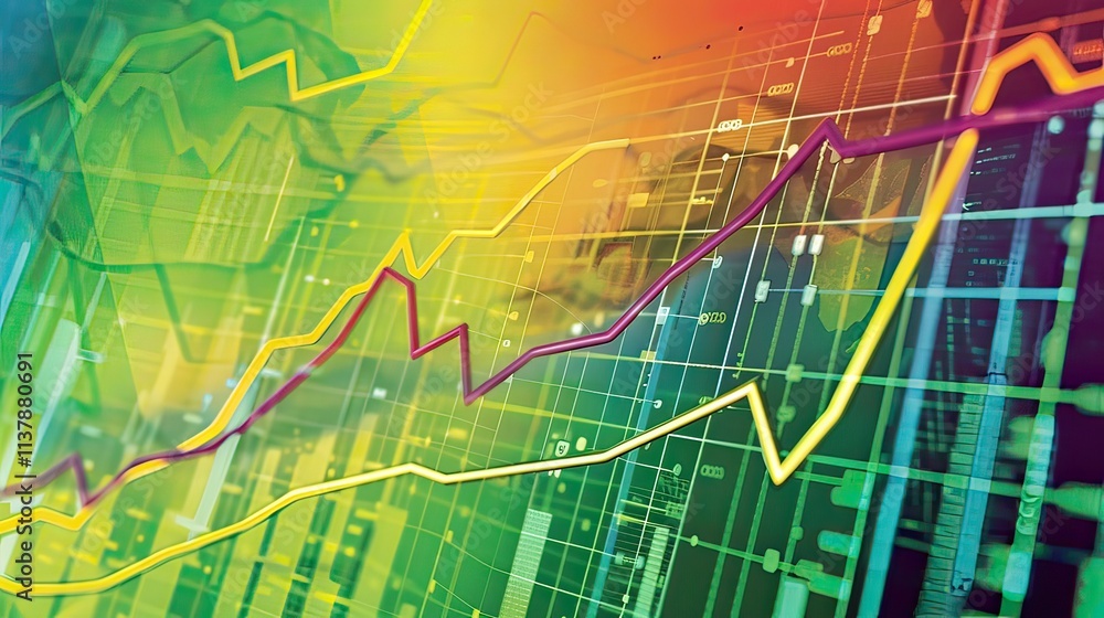 Poster a modern line graph with colorful curves on a digital background.