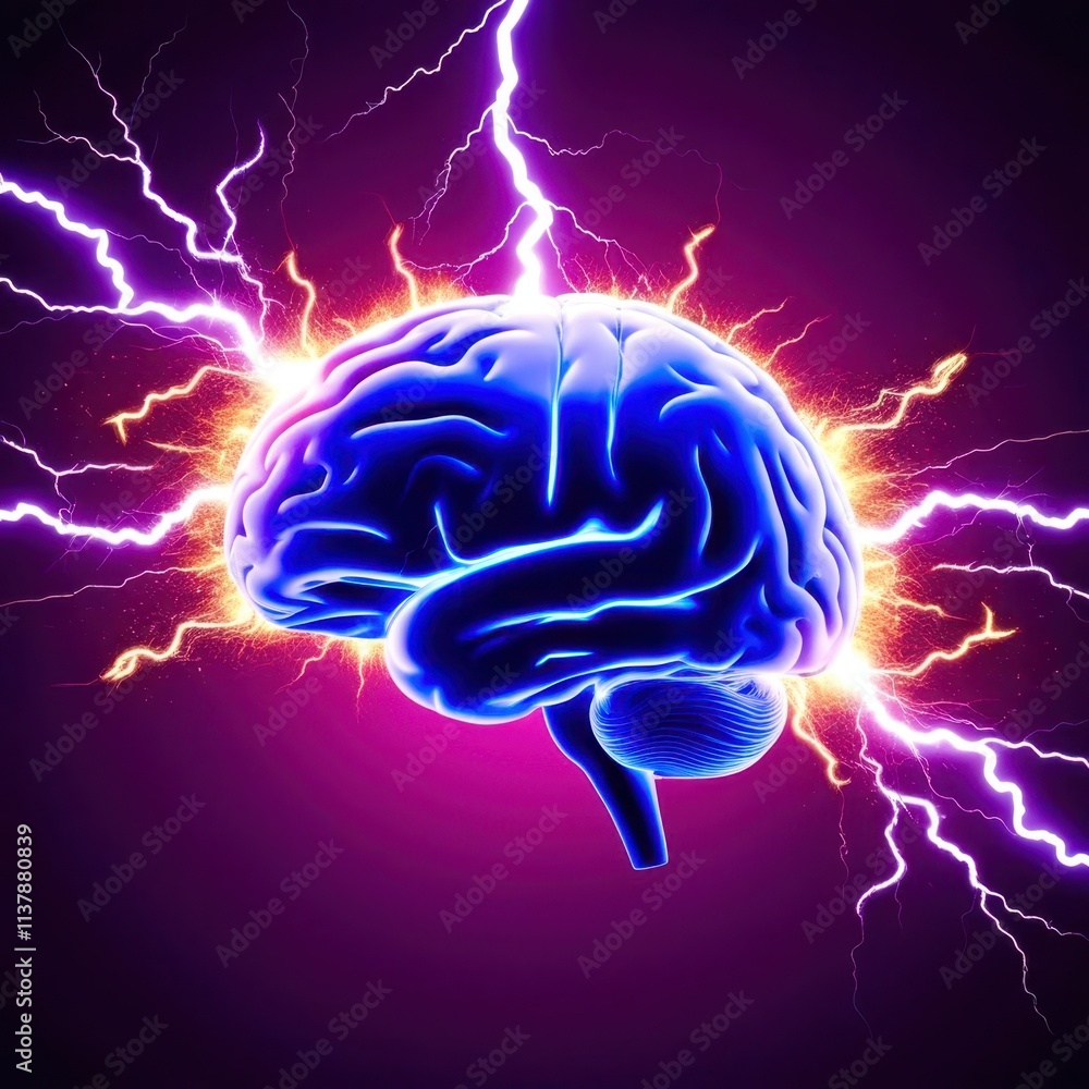 Poster brain with a purple background and lightning bolts surrounding it