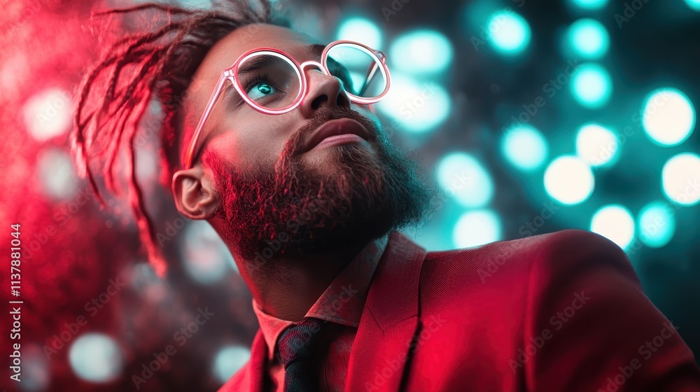 Poster a stylish man wearing a red suit and round glasses is illuminated by vibrant bokeh lights, creating 
