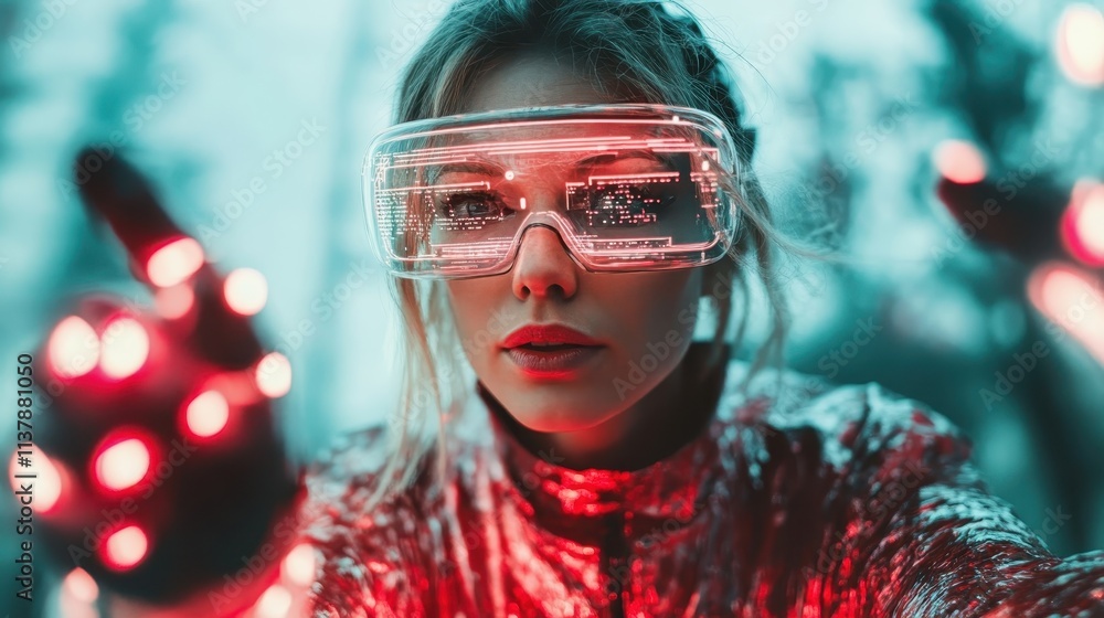 Poster a woman clad in a high-tech visor interacts with a glowing interface, embodying innovation and futur