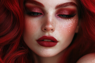 Fototapeta premium closed eyes, Woman with crimson red hair, glowing fair skin, and bold shimmering burgundy lips; her makeup is accentuated by sparkling glitter on her eyes and rosy cheeks.