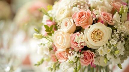 Fototapeta premium Elegant Bridal Bouquet: A Symphony of Peach and Cream Roses