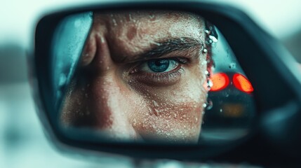 This image captures the intense expression of a driver as seen through a side mirror, with raindrops enhancing the dramatic urban ambiance from inside a speeding car.