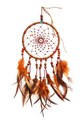 Obraz premium Traditional dreamcatcher with brown feathers and beads hanging isolated on a clean transparent background for decoration or cultural use.