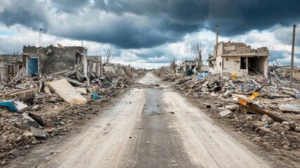 Fototapeta premium Desolate street amidst ruins under a stormy sky.
