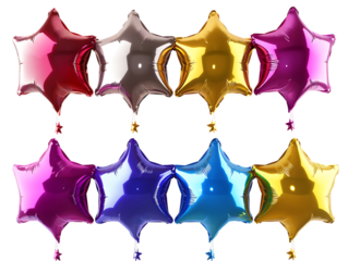 A Collection of Colorful Star-Shaped Balloons, Floating Gracefully, Isolated on a Transparent Background. Perfect for Party, Celebration, or Festive-Themed Designs