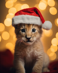 Cute little lion wearing a Santa hat, with a Christmas background with bokeh lights. Christmas animal wallpaper