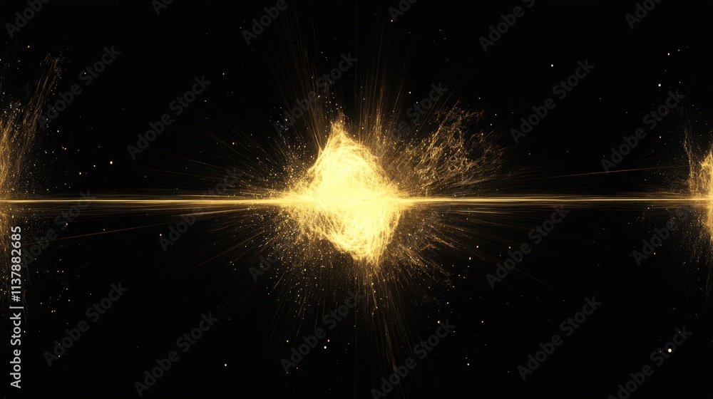 Poster bright glowing starburst in dark space background with sparkling particles