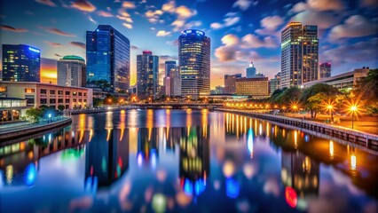 Obraz premium Tampa Riverwalk Night Photography, Bokeh Lights, Florida Riverwalk Scenic, Cityscape, Downtown Tampa at Dusk