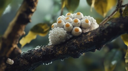A scene showing a cluster of praying mantis eggs encased in a protective foam structure on a tree branch