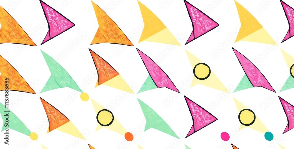 Poster a colorful pattern of triangles and circles. the triangles are in various colors and sizes, and the 