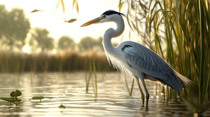 Fototapeta premium ascene of a heron standing in shallow water