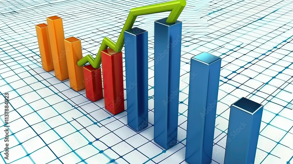 Poster bar graph with rising columns representing growth, set on a blue grid background.