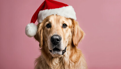 A golden retriever wears a festive Santa hat against a soft pink background, symbolizing Christmas cheer and pet joy