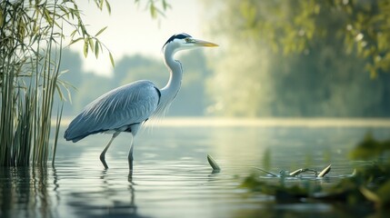 Naklejka premium ascene of a heron standing in shallow water
