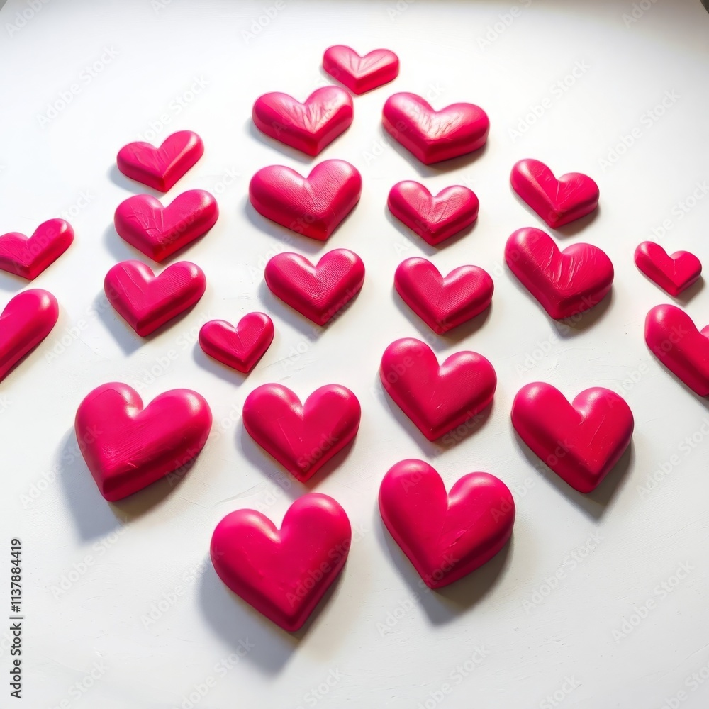 Poster a row of pink hearts are arranged in a triangle shape. the hearts are all the same size and color, a