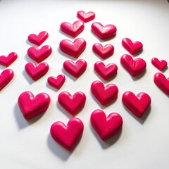 Fototapeta premium A row of pink hearts are arranged in a triangle shape. The hearts are all the same size and color, and they are placed close together. The arrangement creates a sense of unity and harmony