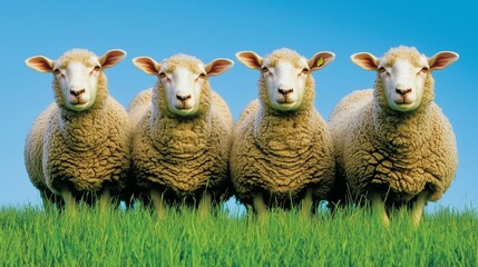 Obraz premium sheep and lamb standing in row grazing in green grass field meadow against clear blue sky