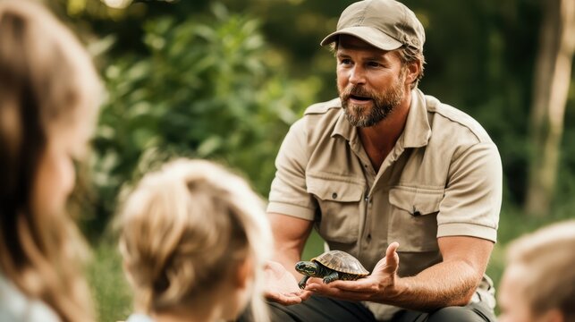 An instructor engages children in a learning session about turtles, framed by greenery, embodying elements of teaching, curiosity, and interaction in an educational setting.